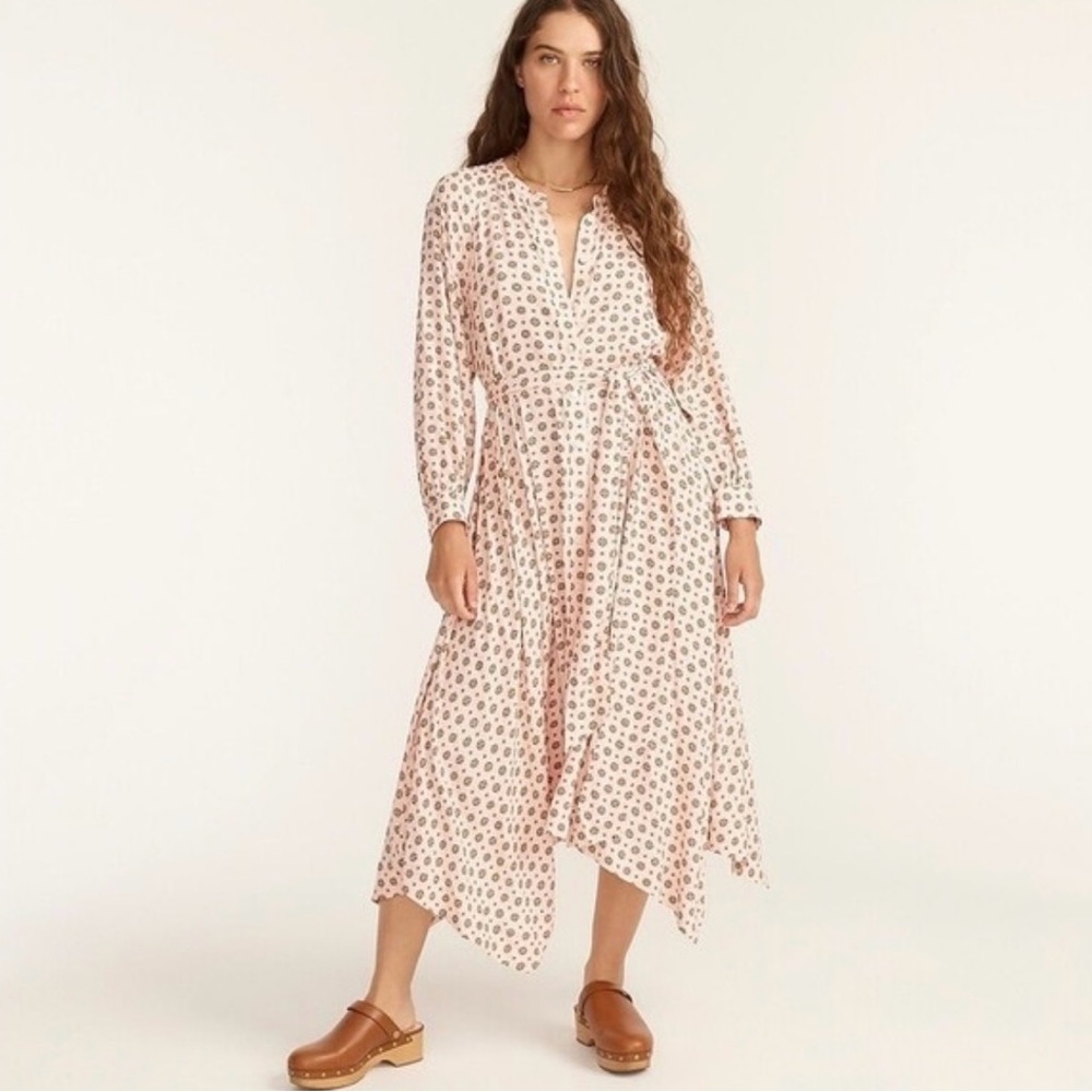 J.Crew Pink long sleeve midi handkerchief hem brown medallion print dress.Size M